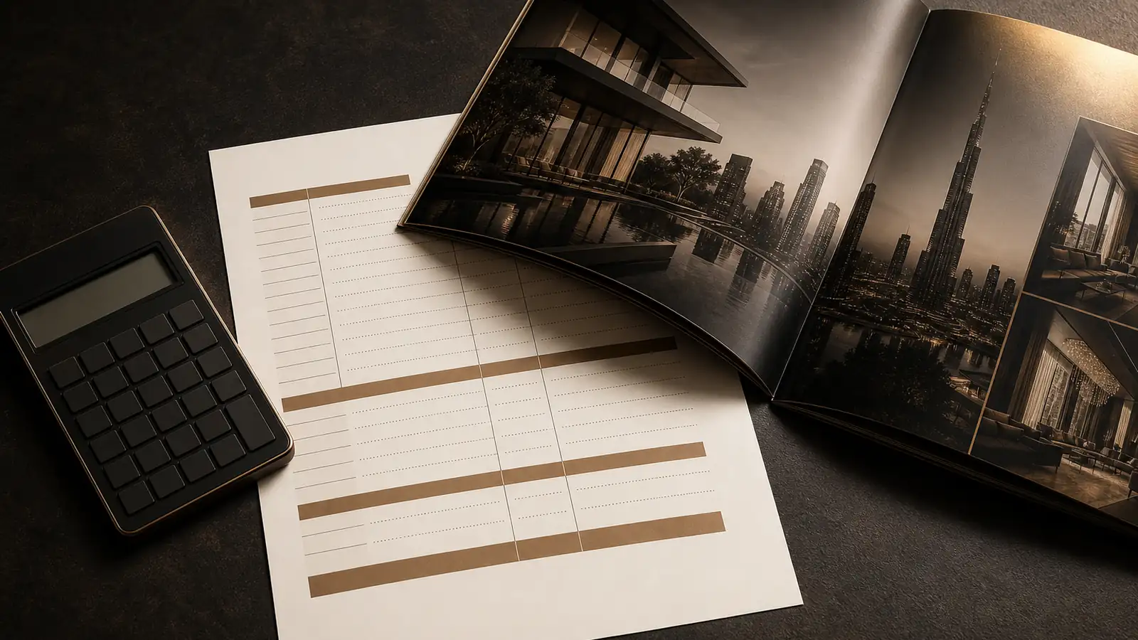Calculator, itemised cost breakdown and a Dubai property brochure arranged on a desk