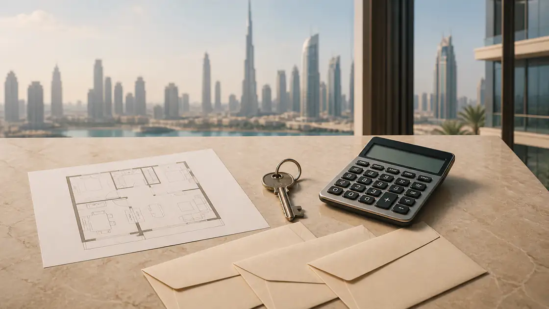 Dubai property budget worksheet beside a calculator and transaction documents
