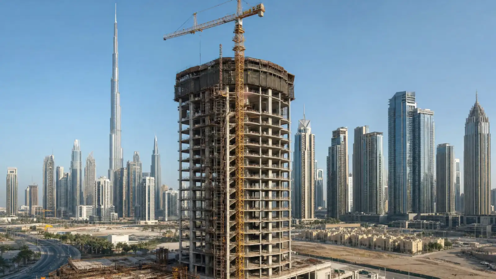 Under-construction Dubai tower with a crane against a backdrop of completed skyline towers
