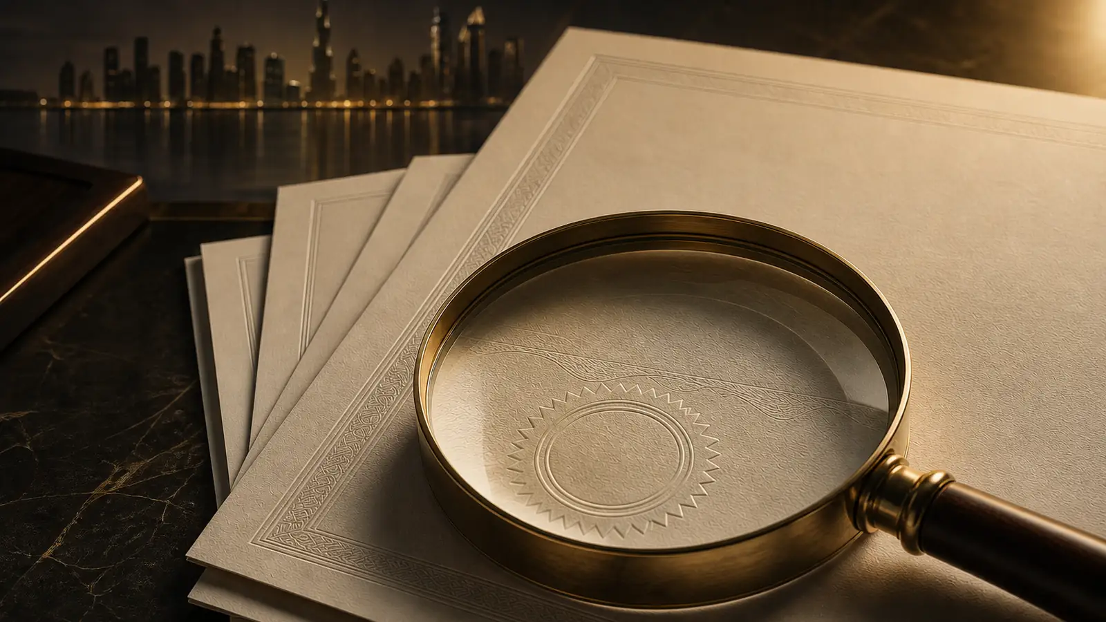 Magnifying glass over a property title deed and verification documents on a desk
