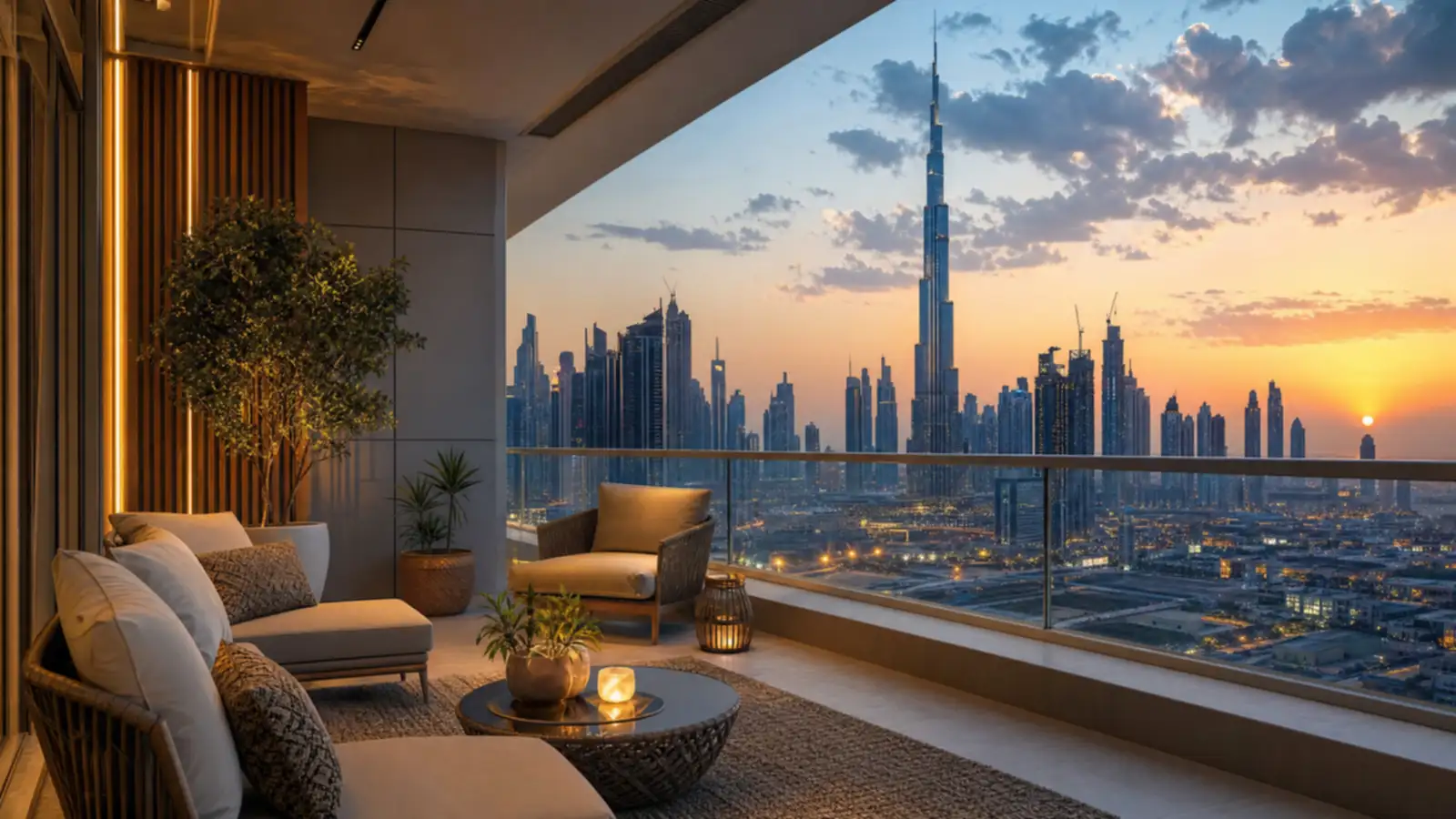 Furnished residential balcony overlooking the Dubai skyline at golden hour