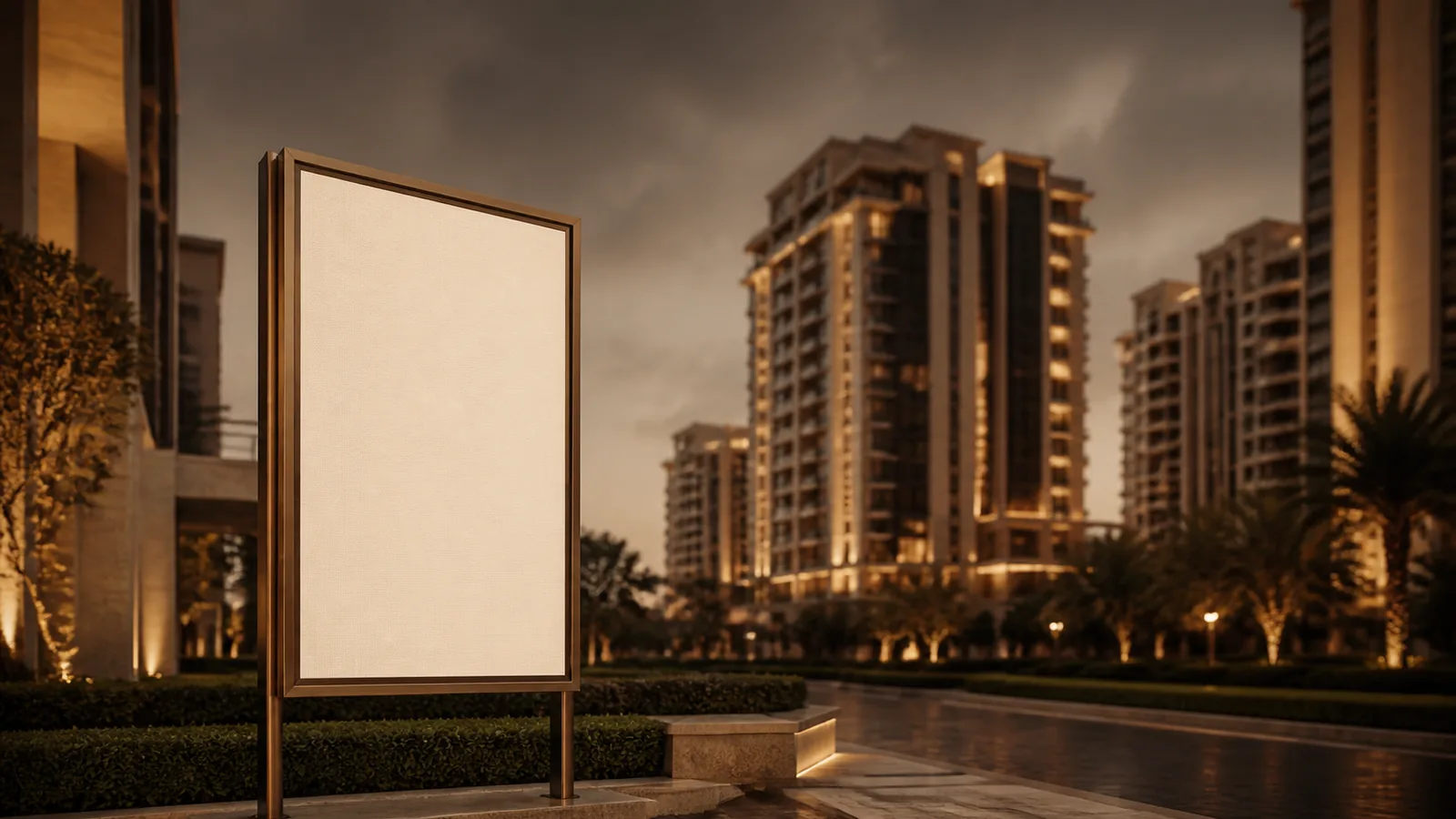 Resale listing signage set against a Dubai residential tower at dusk