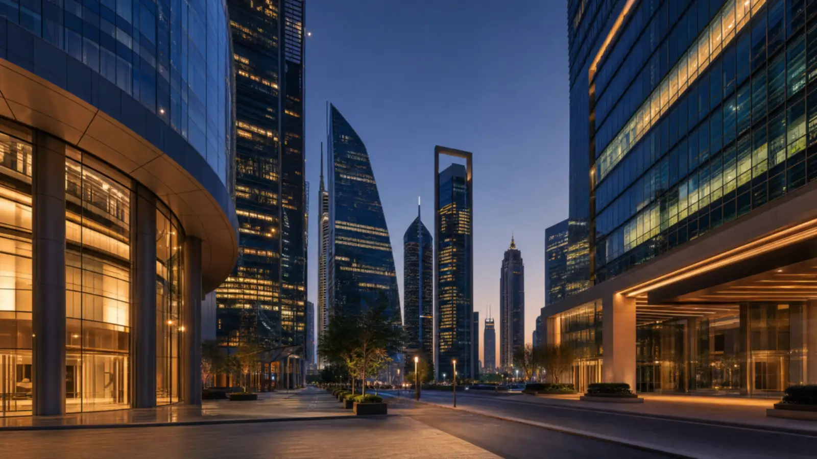 Street-level view of Dubai's financial-district skyline at dusk, glass towers glowing with warm interior light
