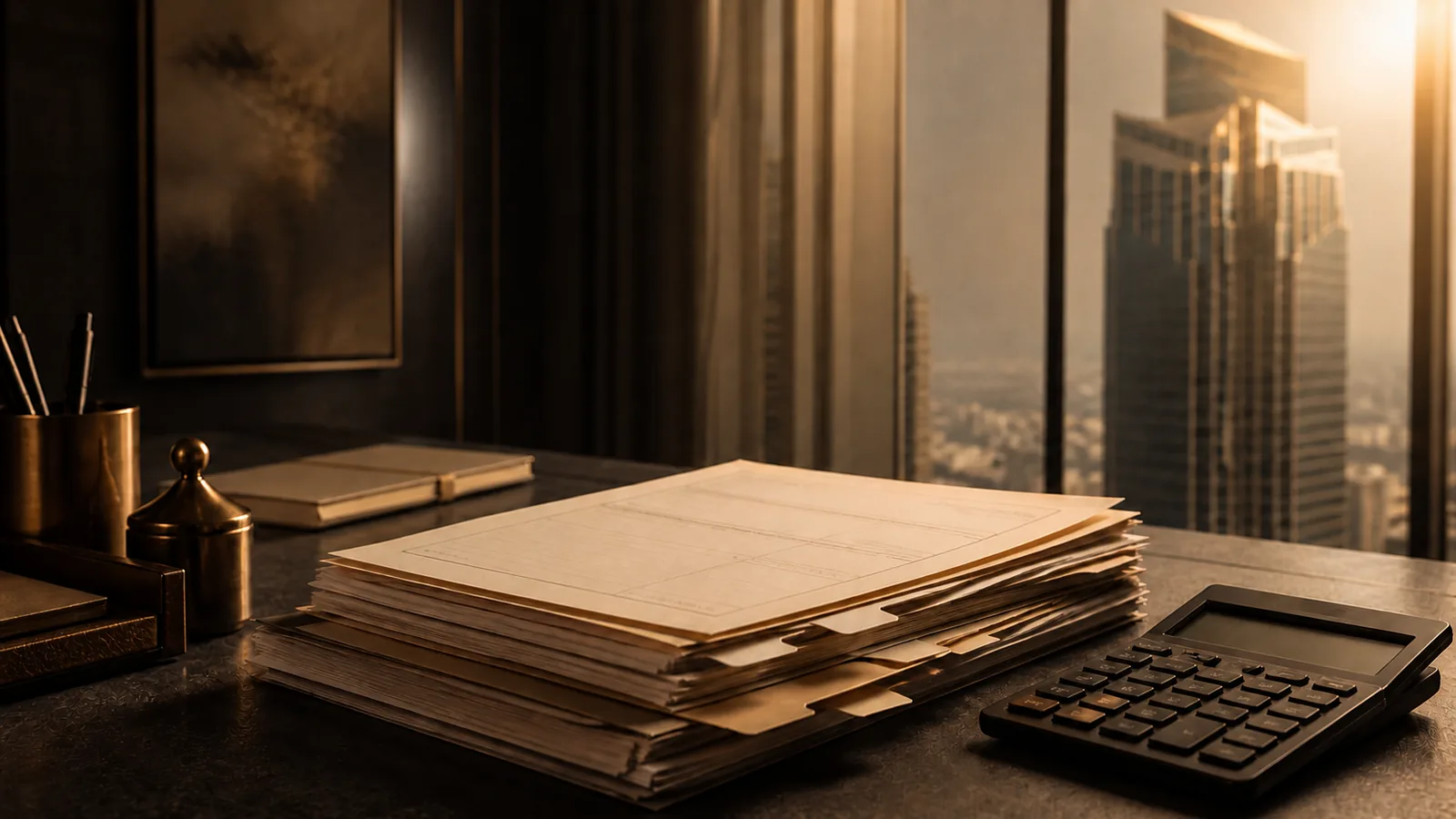 Stacked financing documents and a calculator with a Dubai bank tower visible through the window