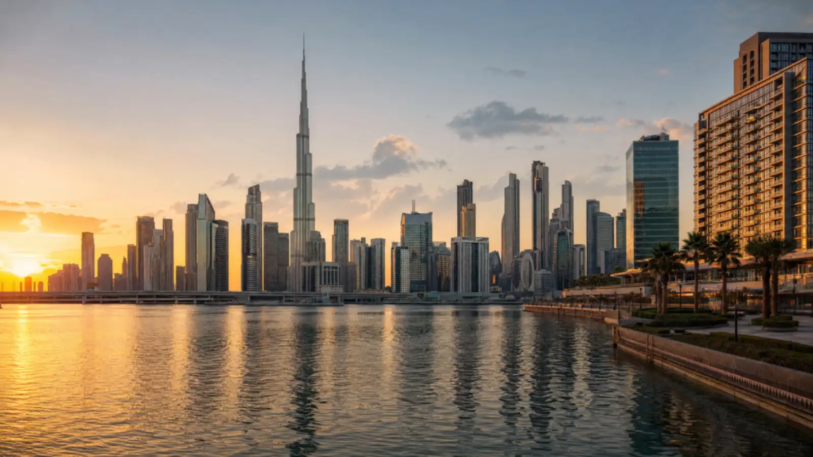 Wide dusk view of Dubai Creek's skyline with towers reflected in calm water