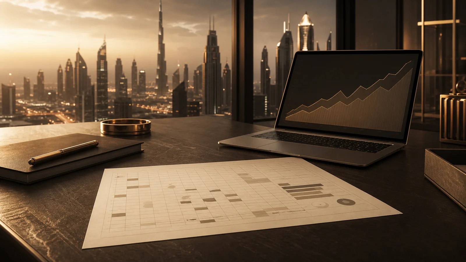 Investment portfolio spreadsheet and laptop chart with the Dubai skyline visible through the window