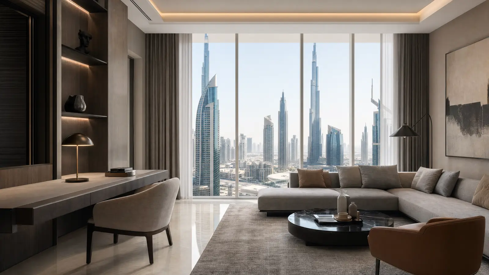 Calm, organized living-room workspace by a window overlooking the Dubai skyline