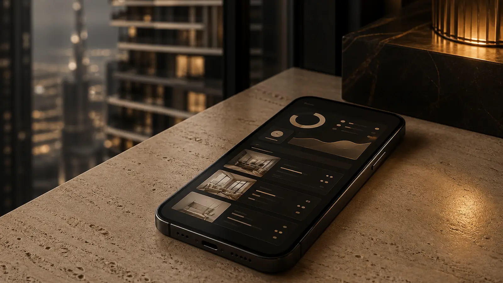 Smartphone showing a property-management dashboard in front of a Dubai residential building
