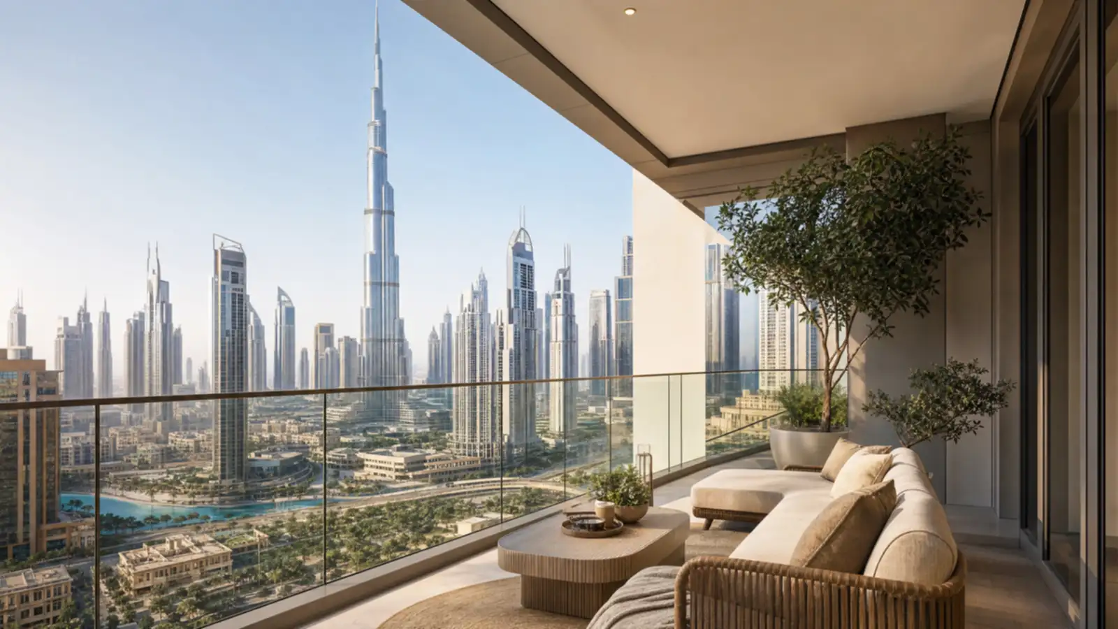 Furnished residential balcony with a daytime view of Dubai's high-rise skyline