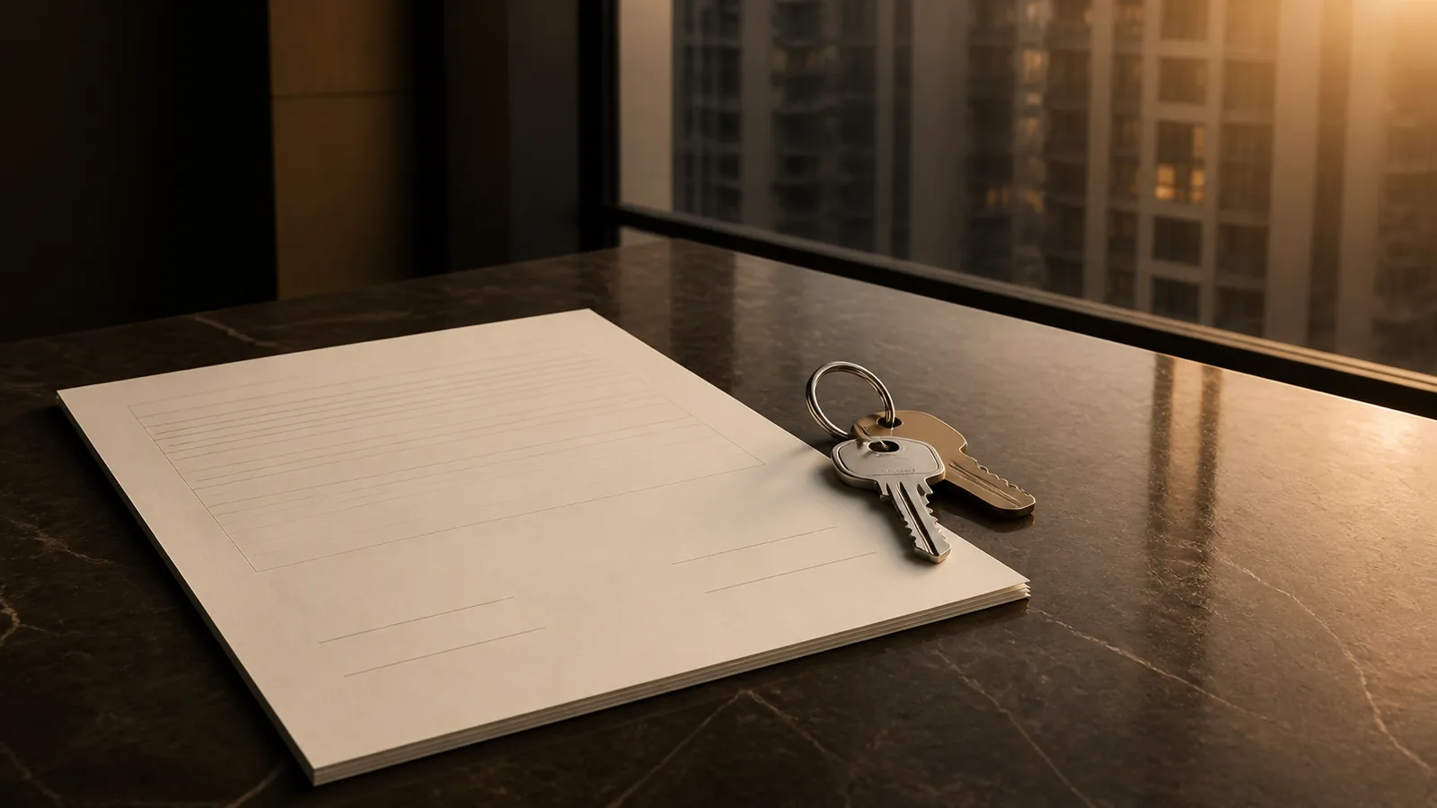 Tenancy contract and a set of apartment keys on a table in front of a rental tower