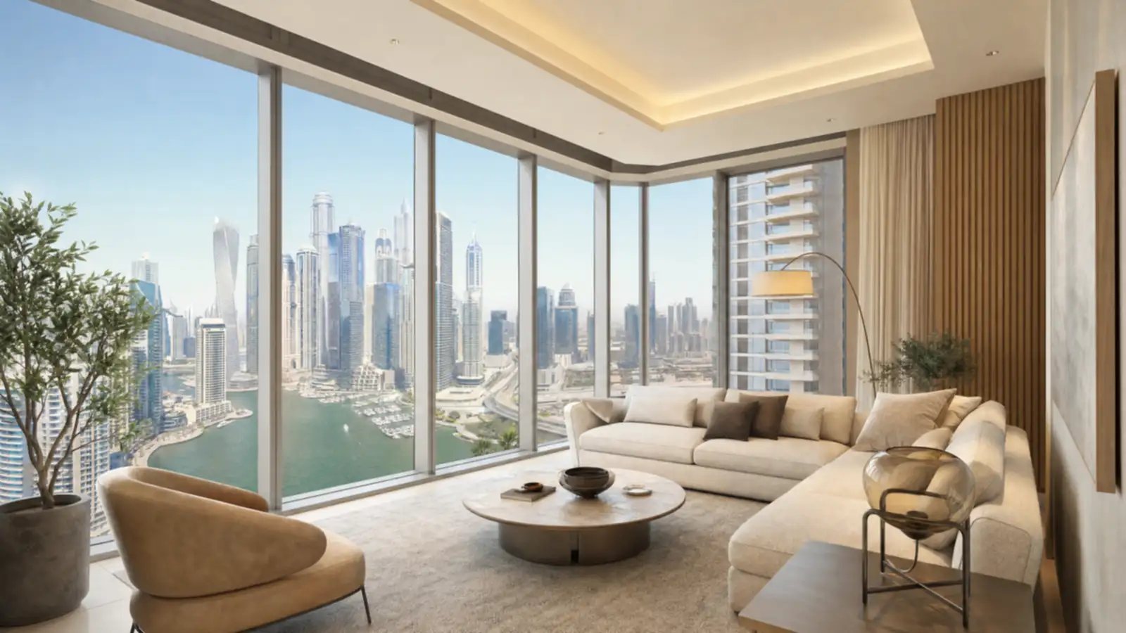 Bright furnished living room with floor-to-ceiling windows overlooking the Dubai Marina skyline