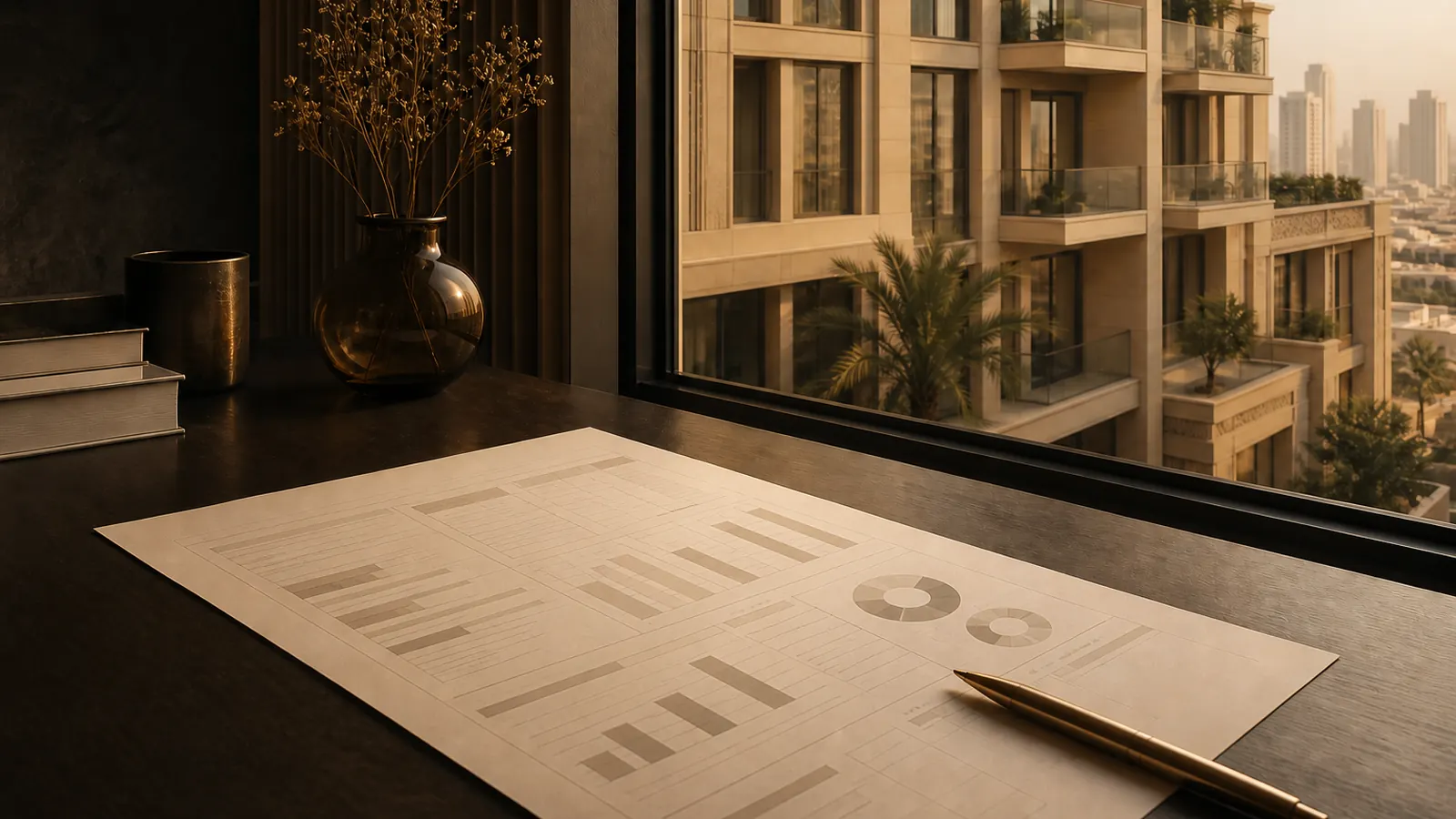 Rental-yield calculation worksheet beside a window view of a Dubai apartment building