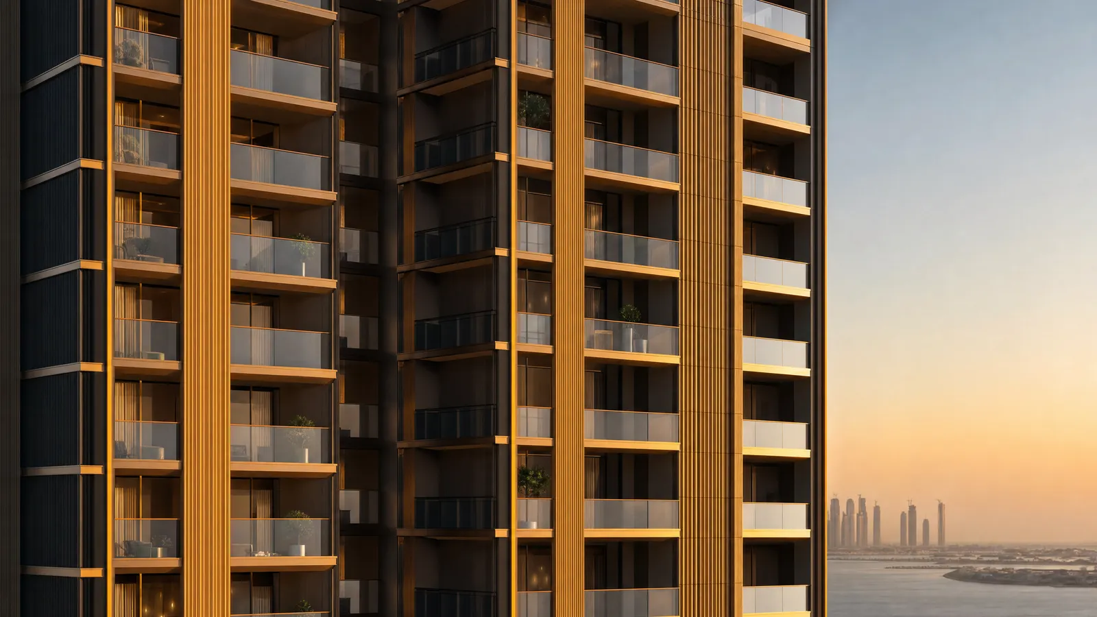 Close-up of an elegant Dubai residential facade with geometric balconies catching golden-hour light