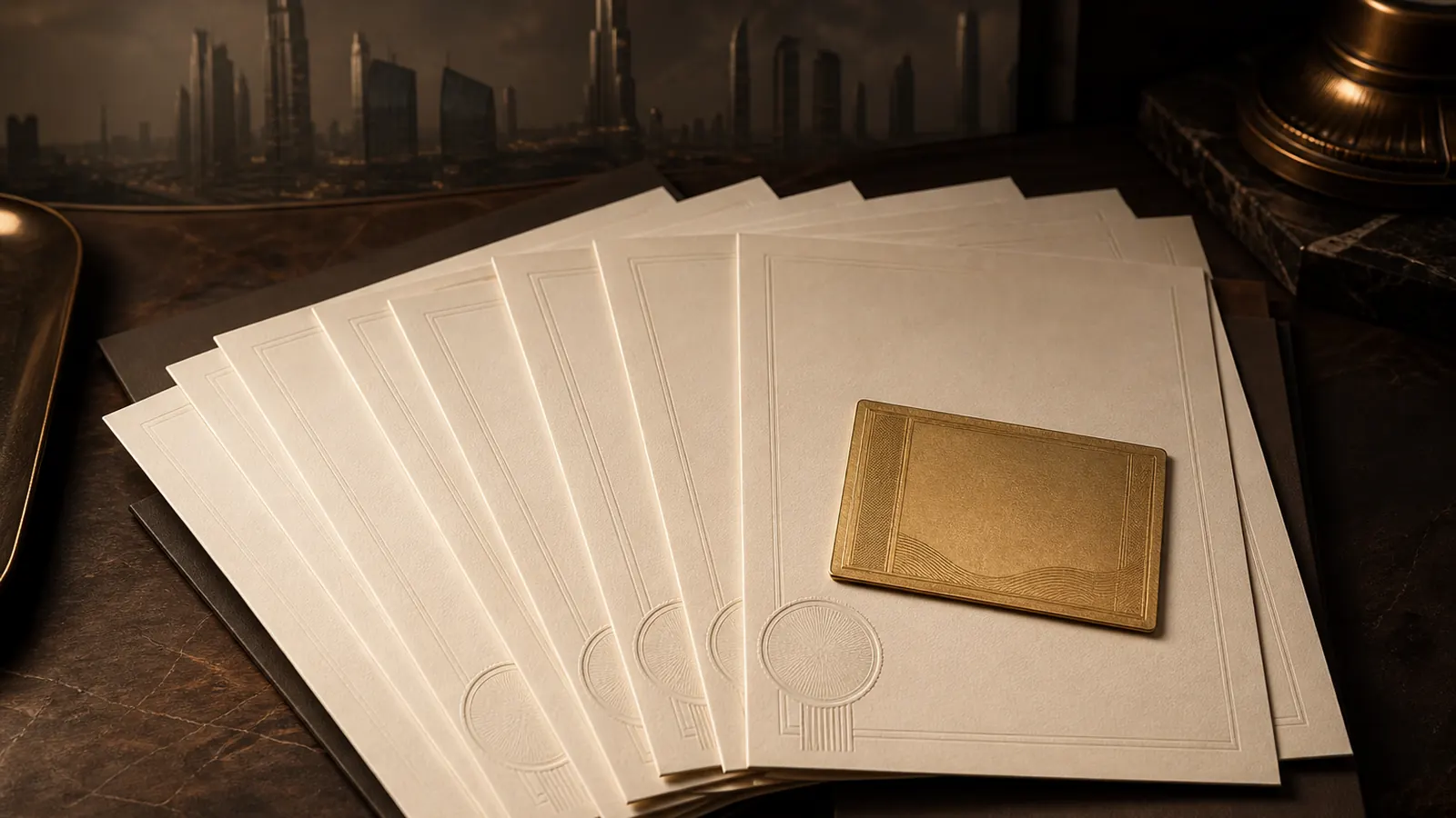 Stacked property title documents fanned out beside a Golden Visa document