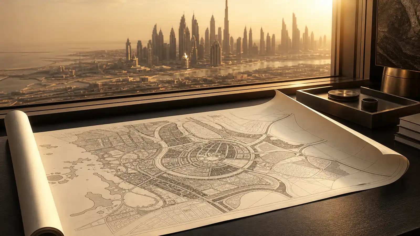 Dubai 2040 Urban Master Plan map unrolled on a desk with the city skyline visible beyond
