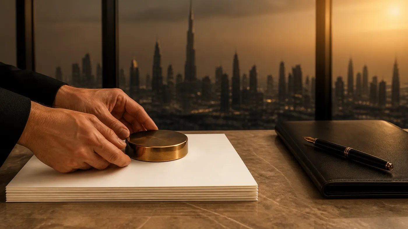 Hands placing a document stack beside a closed folio on a desk, Dubai skyline behind