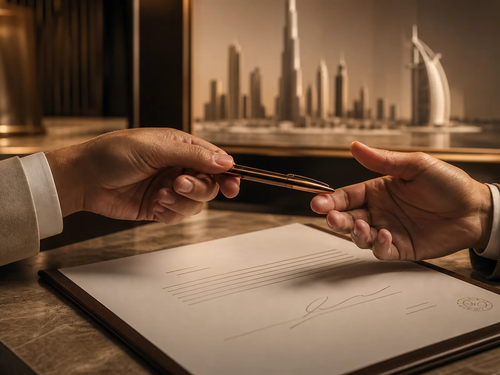 Hands signing Dubai property purchase documents at a desk