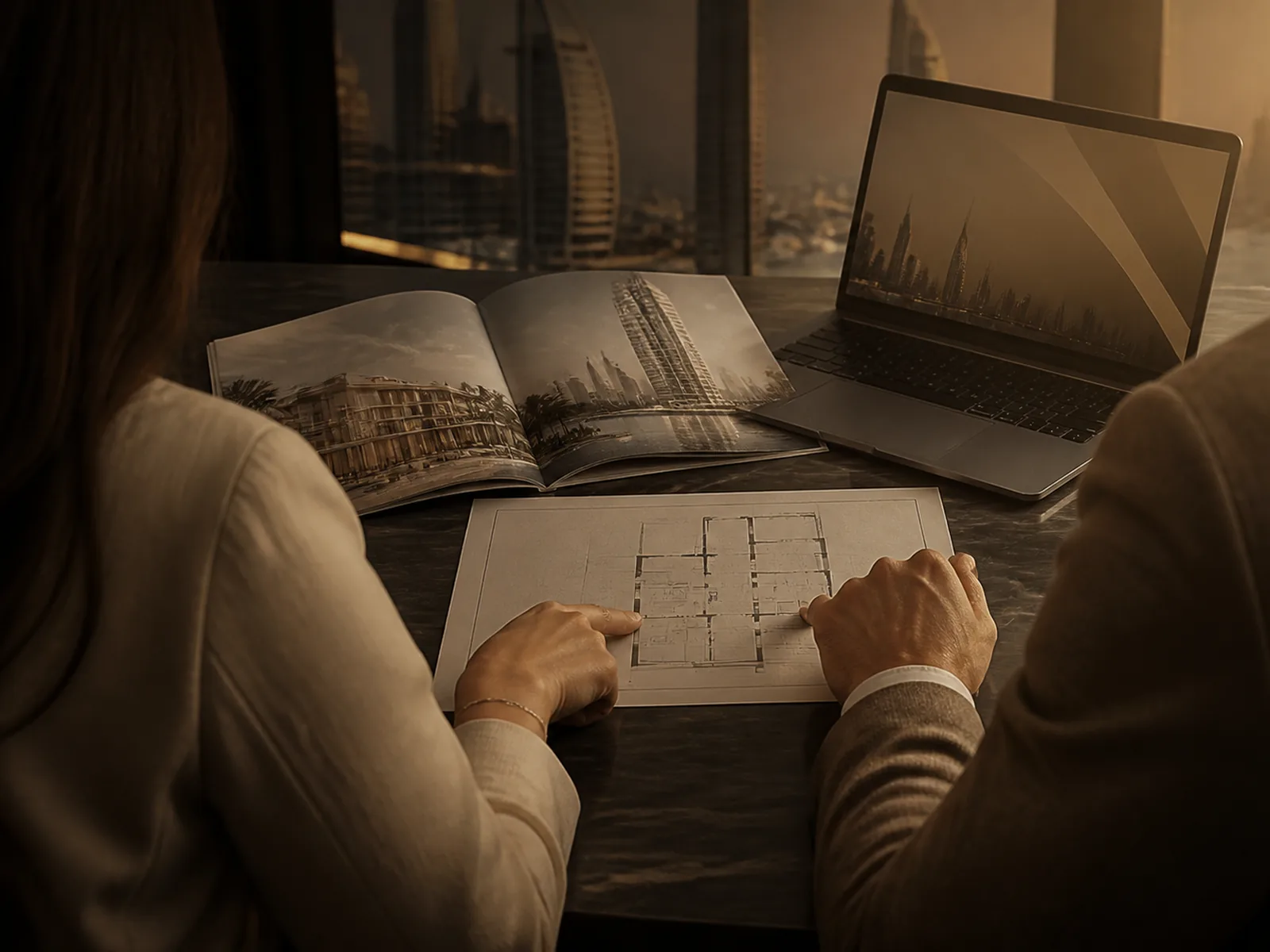 Advisor and buyer reviewing Dubai property documents together at a desk