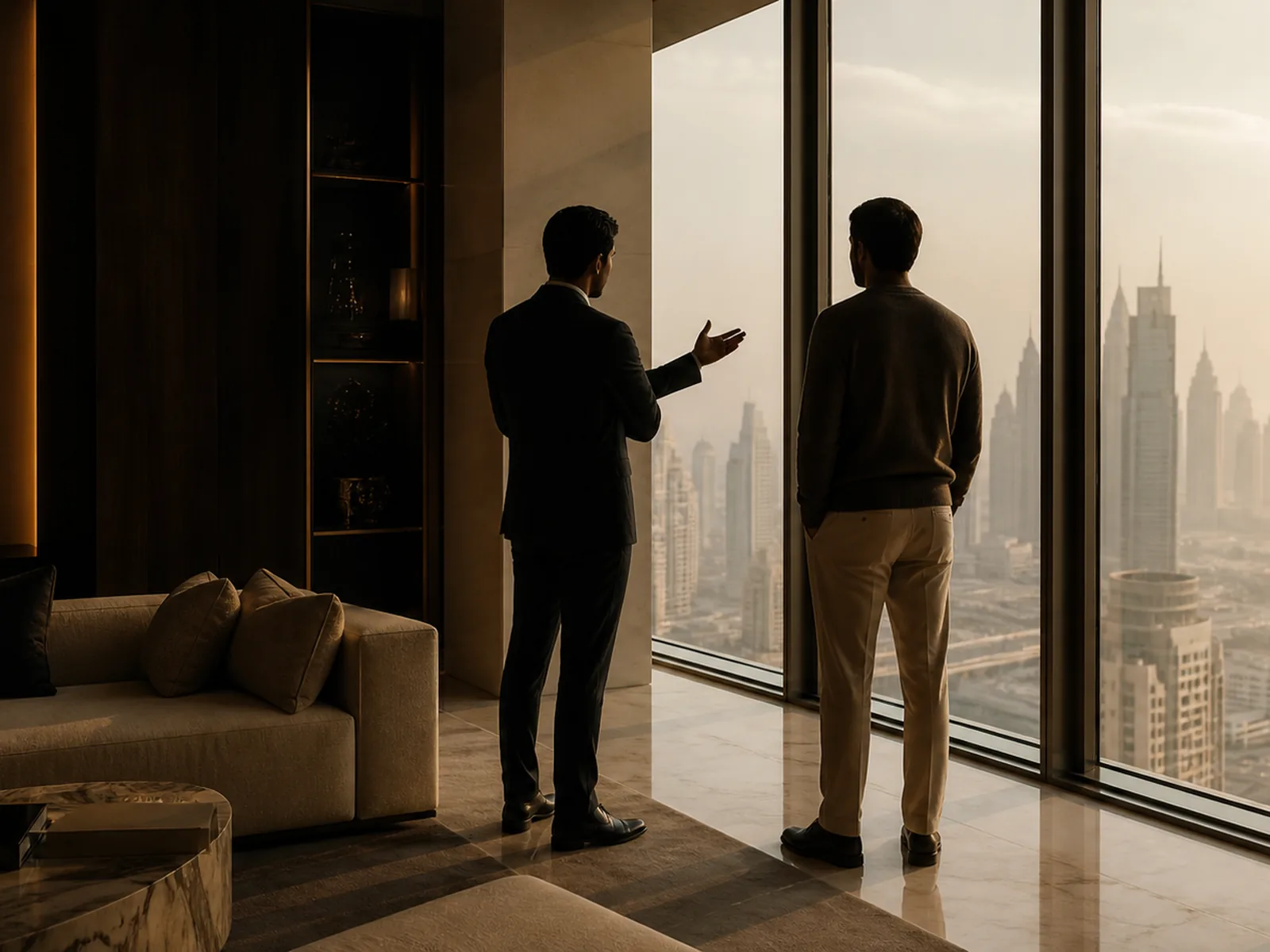 ProEstate advisor pointing out the Dubai skyline to a client during a private viewing