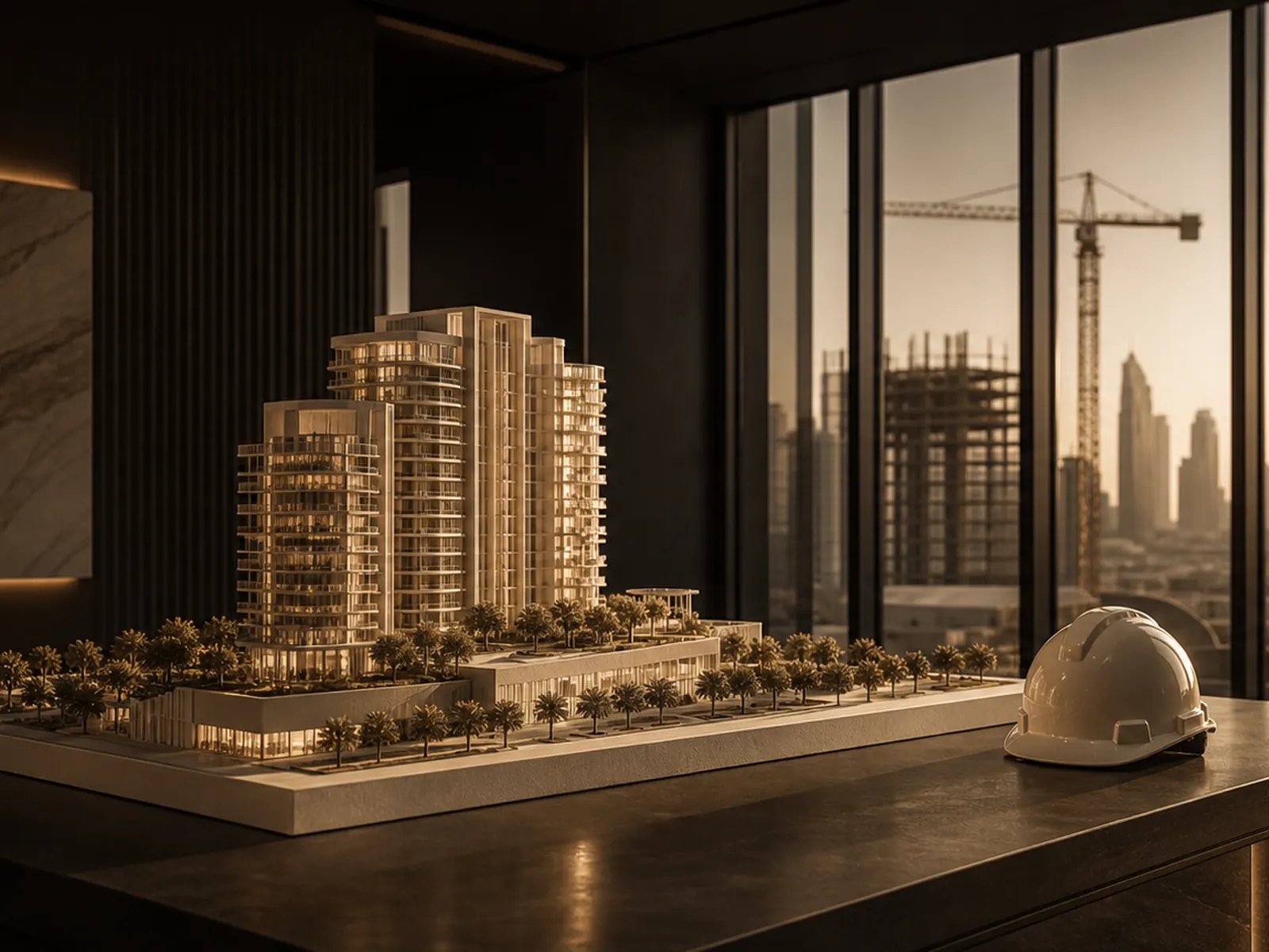 Site visit to an off-plan Dubai project, hard hat and building model in view
