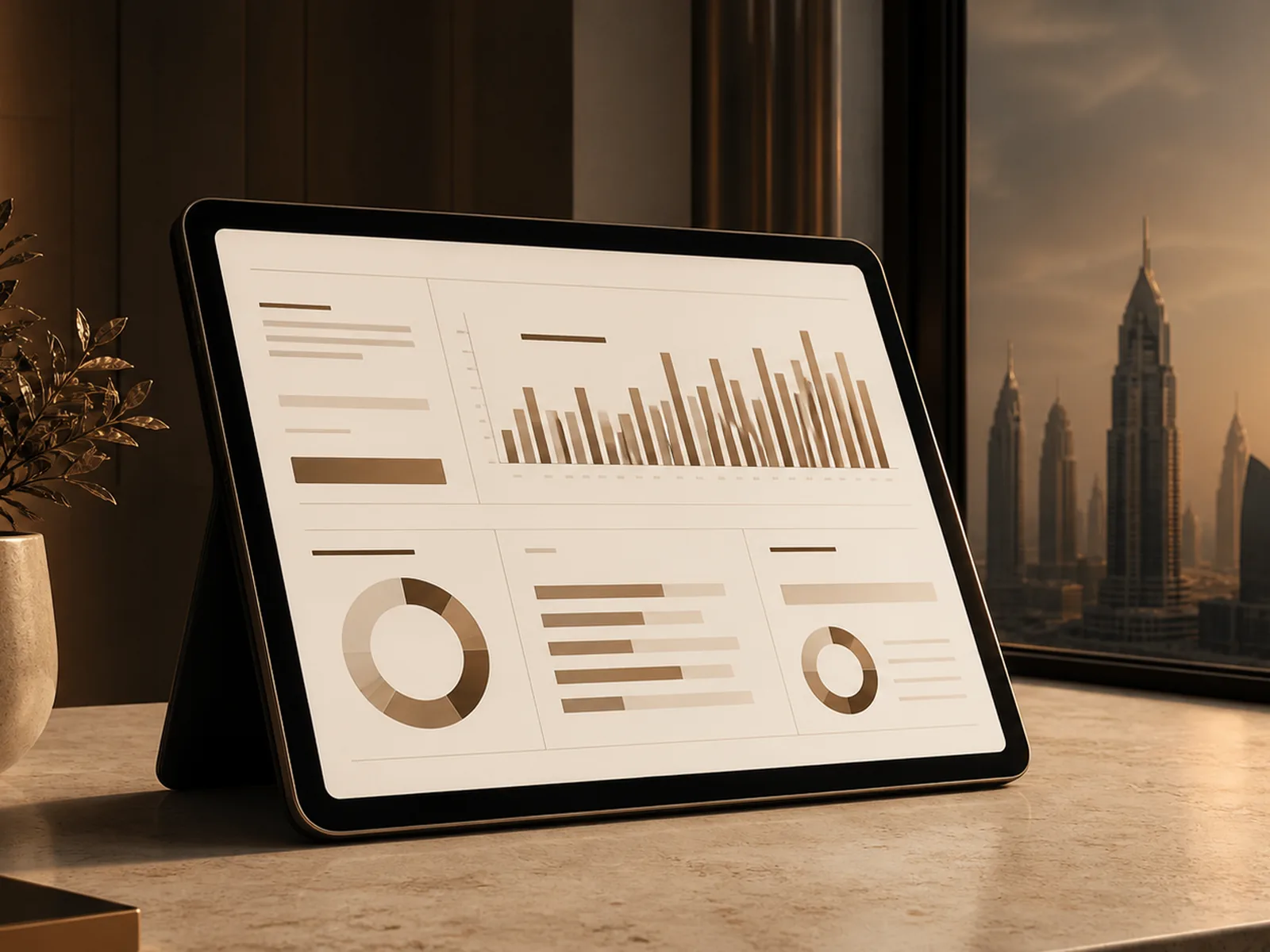 Monthly Dubai rental management statement reviewed on a tablet at a desk