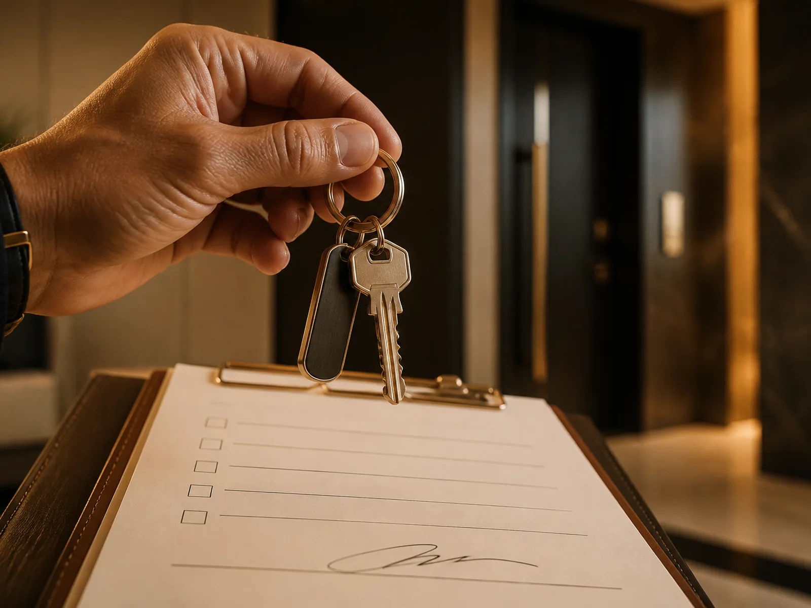 Hands completing a Dubai property handover inspection with a clipboard and door keys