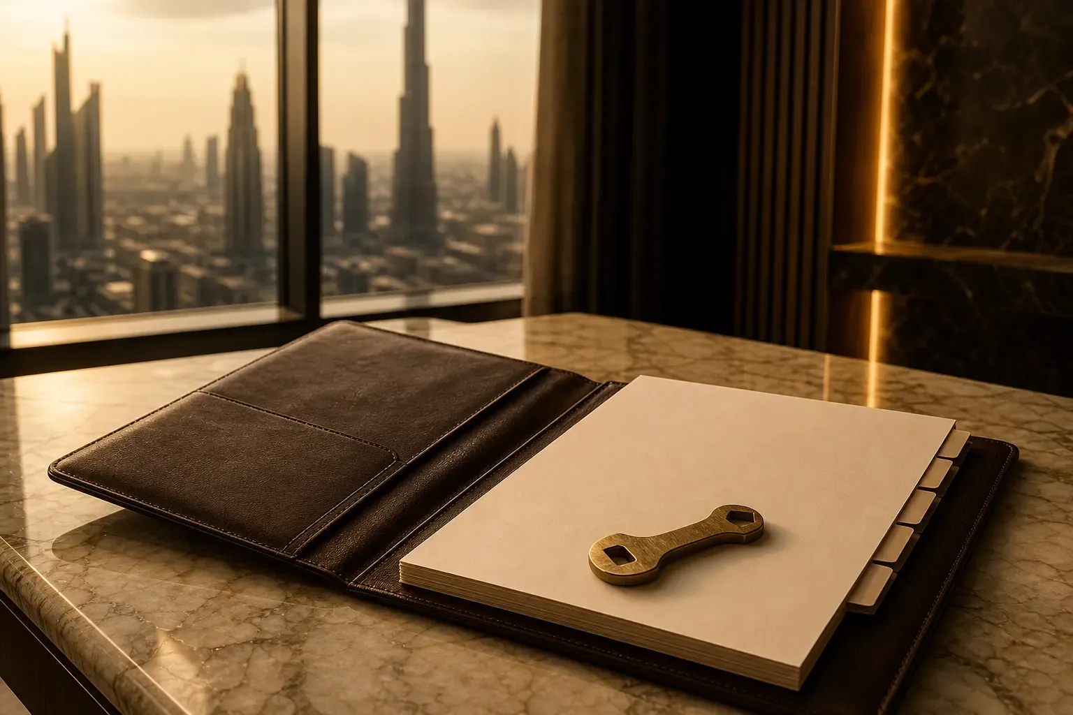 Leather portfolio of tenancy and maintenance documents beside a brass toolkit, Dubai skyline behind