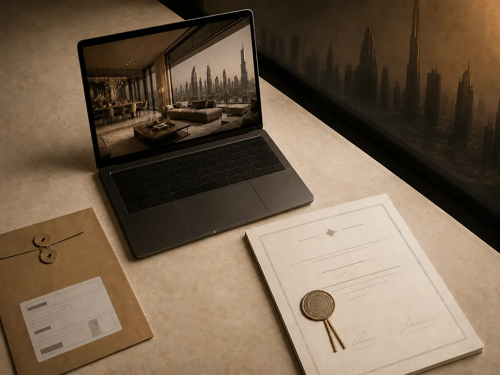 Laptop video call, power-of-attorney document and courier envelope arranged for a remote Dubai property purchase