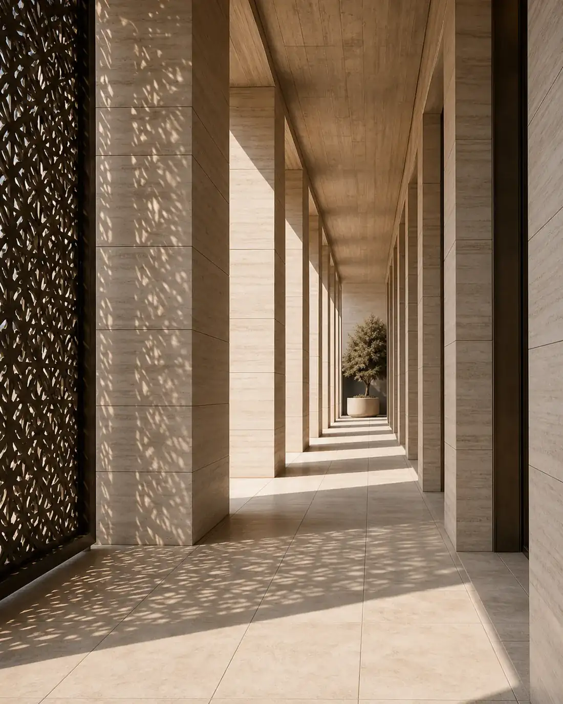 Sunlit stone colonnade in contemporary Dubai architecture