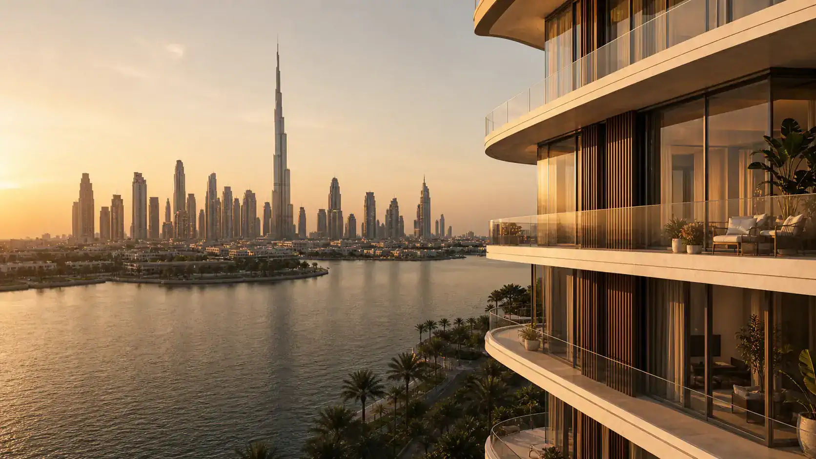 Contemporary waterfront residence at blue hour with the Dubai skyline in the distance