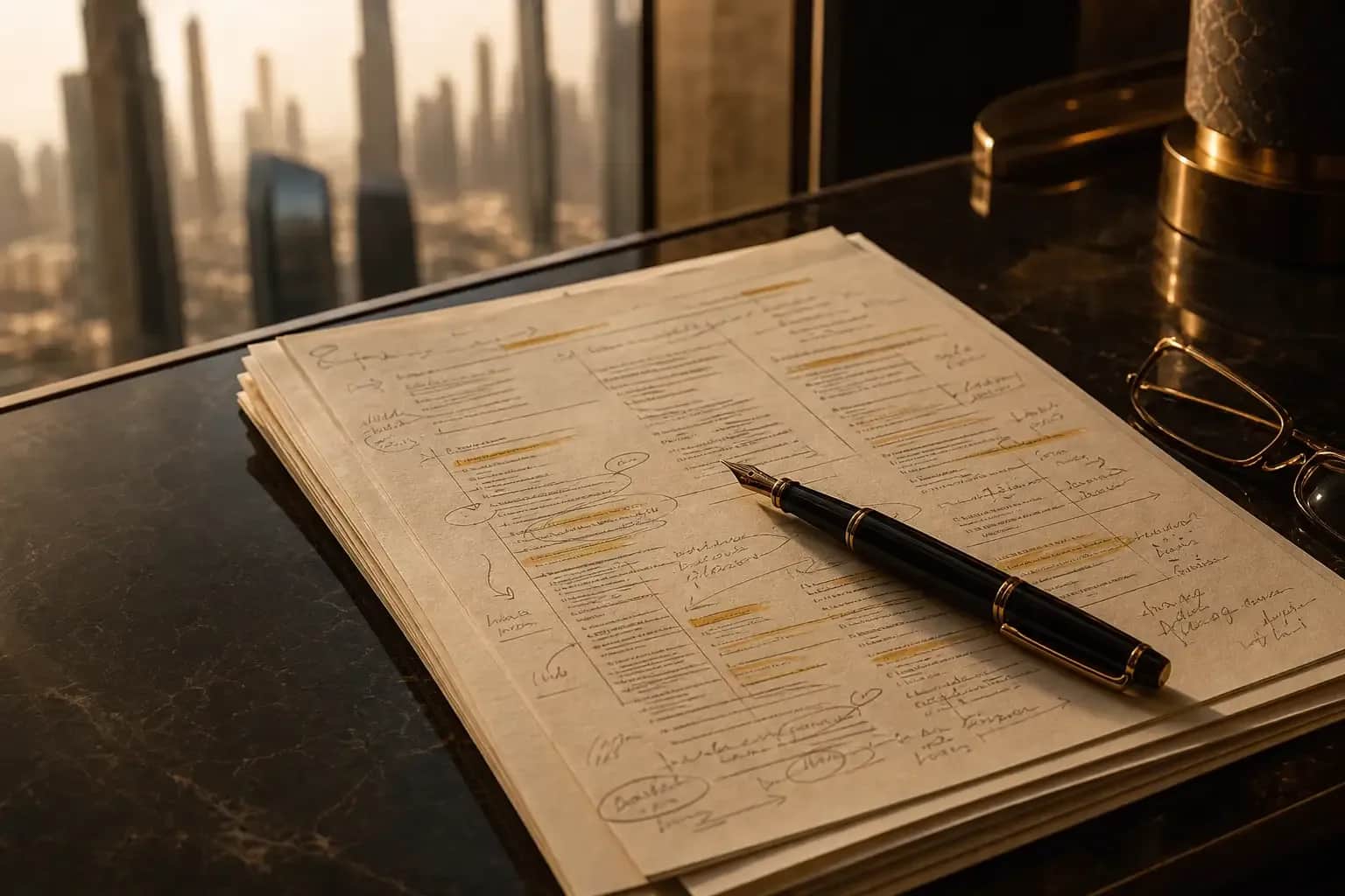 Reviewed Dubai property documents with a pen and reading glasses on a desk