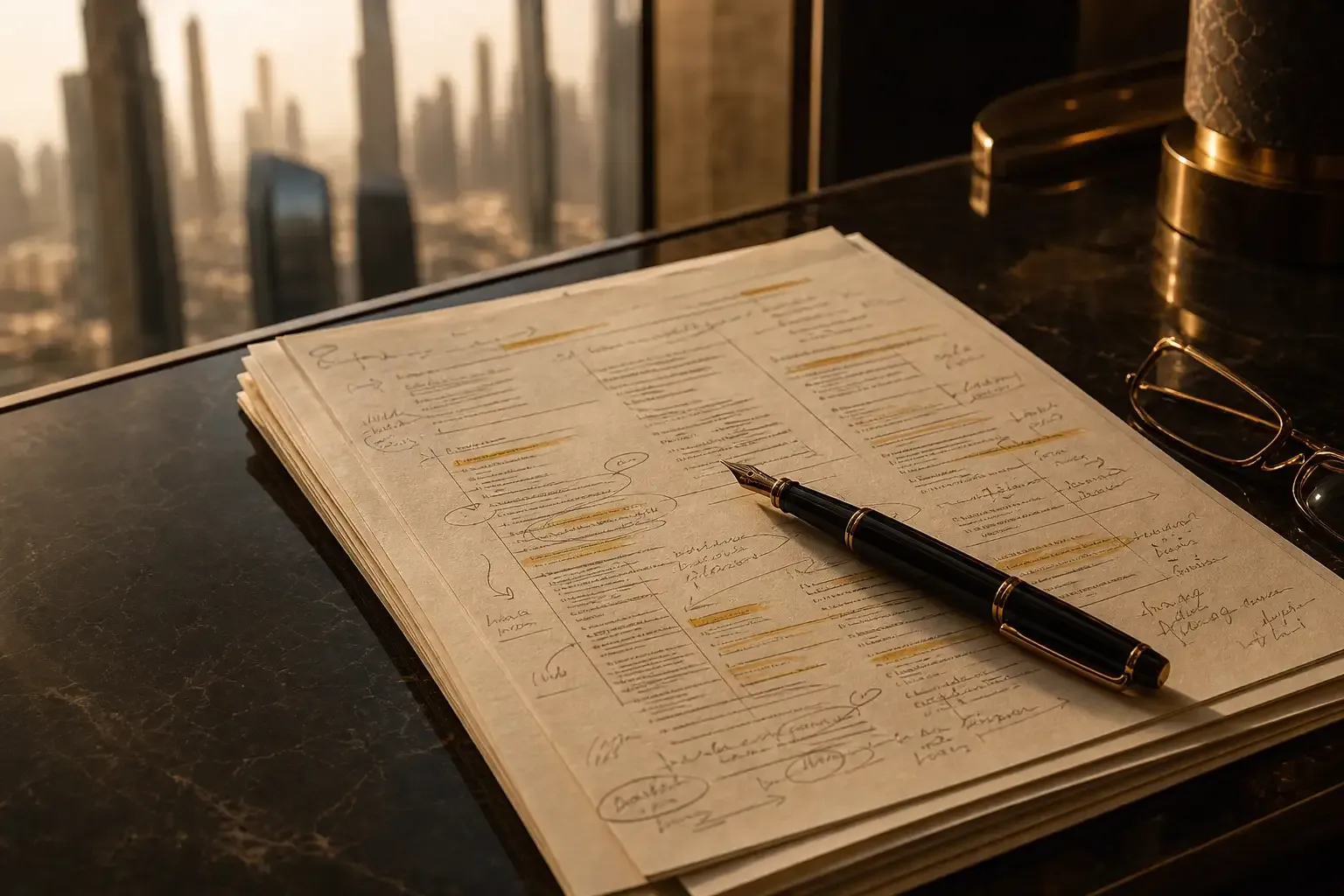 Reviewed Dubai property documents with a pen and reading glasses on a desk