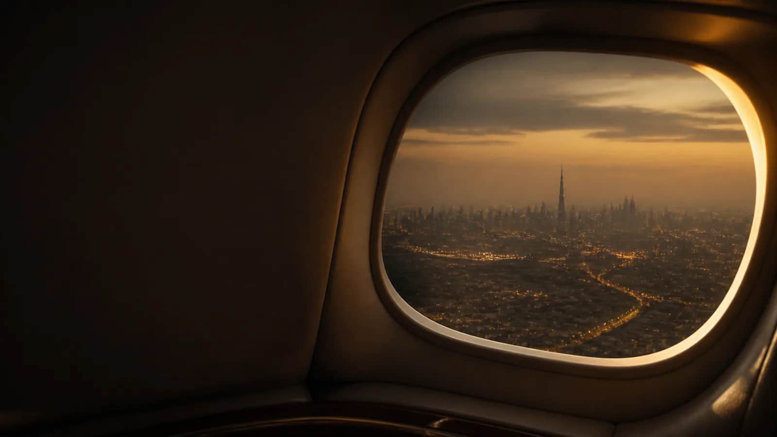 Dubai skyline at dusk seen through an aircraft window on approach