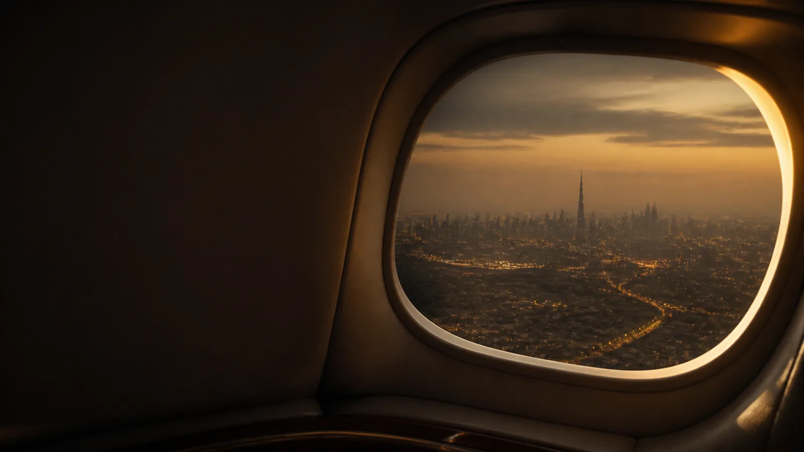 Dubai skyline at dusk seen through an aircraft window on approach