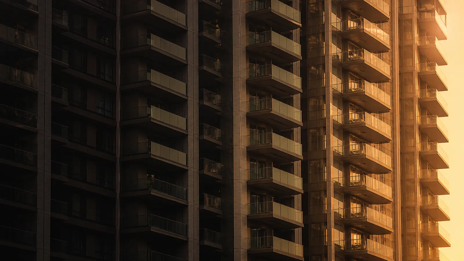 Sunlit balconies on a Dubai residential tower, representing rental price data