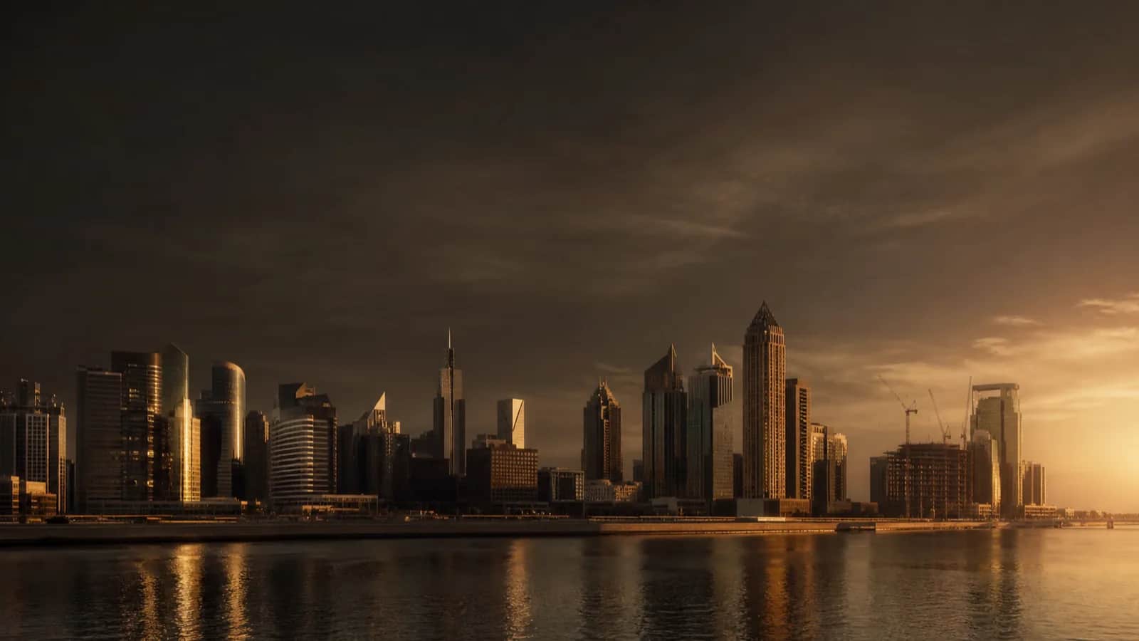Dubai skyline reflected over water at sunset, representing citywide sales price trends